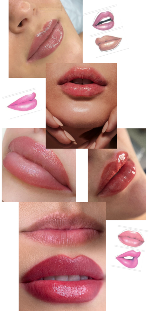 Collage of lip tattoo procedures including lip blushing, neutralization, ombre, and aquarelle lips for permanent makeup inspiration.